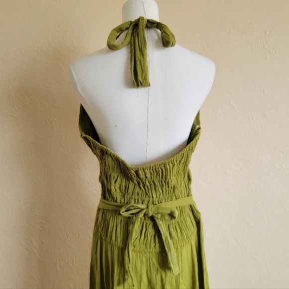 Vintage Embroidered Green Gauze Boho Halter Dress - Picture 6 of 8
